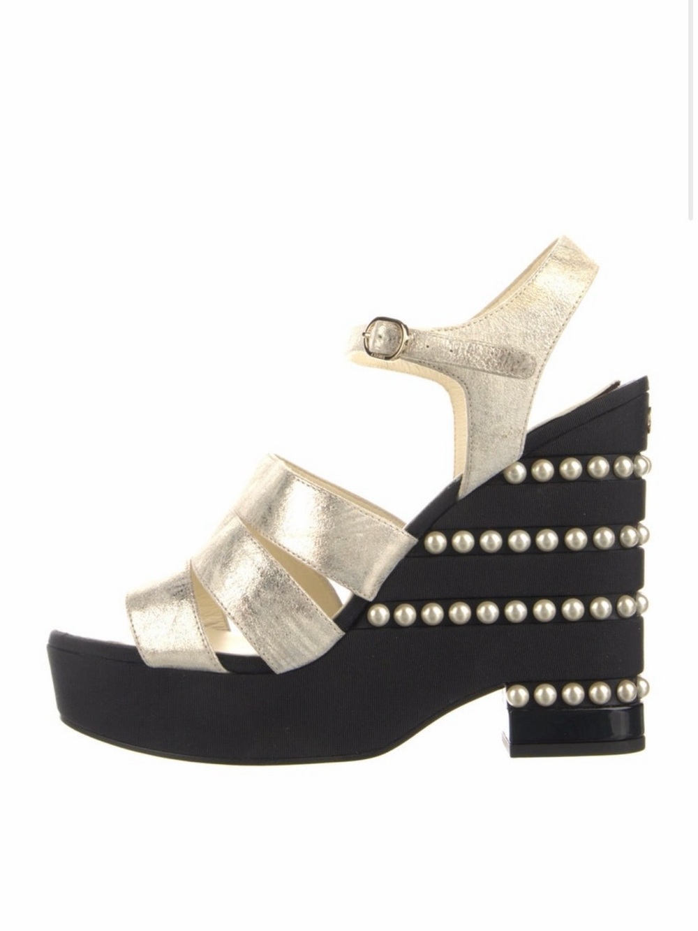 Chanel Pearl-Trim Metallic Gold Wedge Sandals - Women